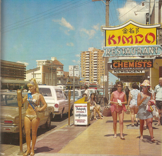 Iconic meter maid in gold bikini — The Gold Coast, Queensland — Circa late sixties